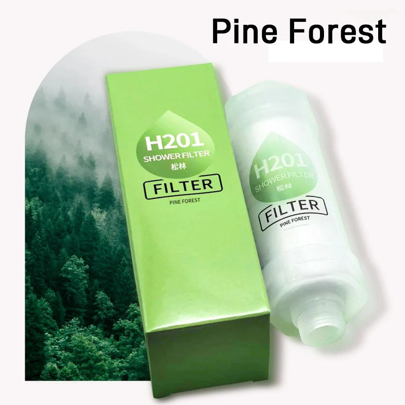 H201 Shower Filter packaging with a pine forest theme on a white background