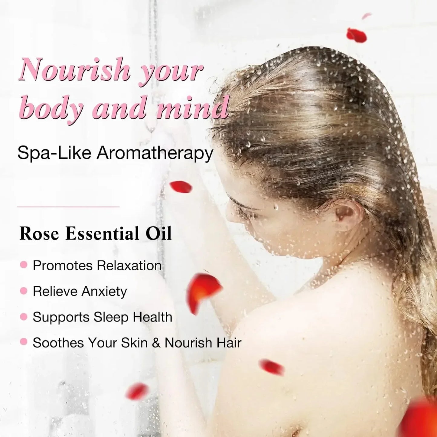 “Woman showering with rose petals while showing the benefits of rose essential oil aromatherapy.”