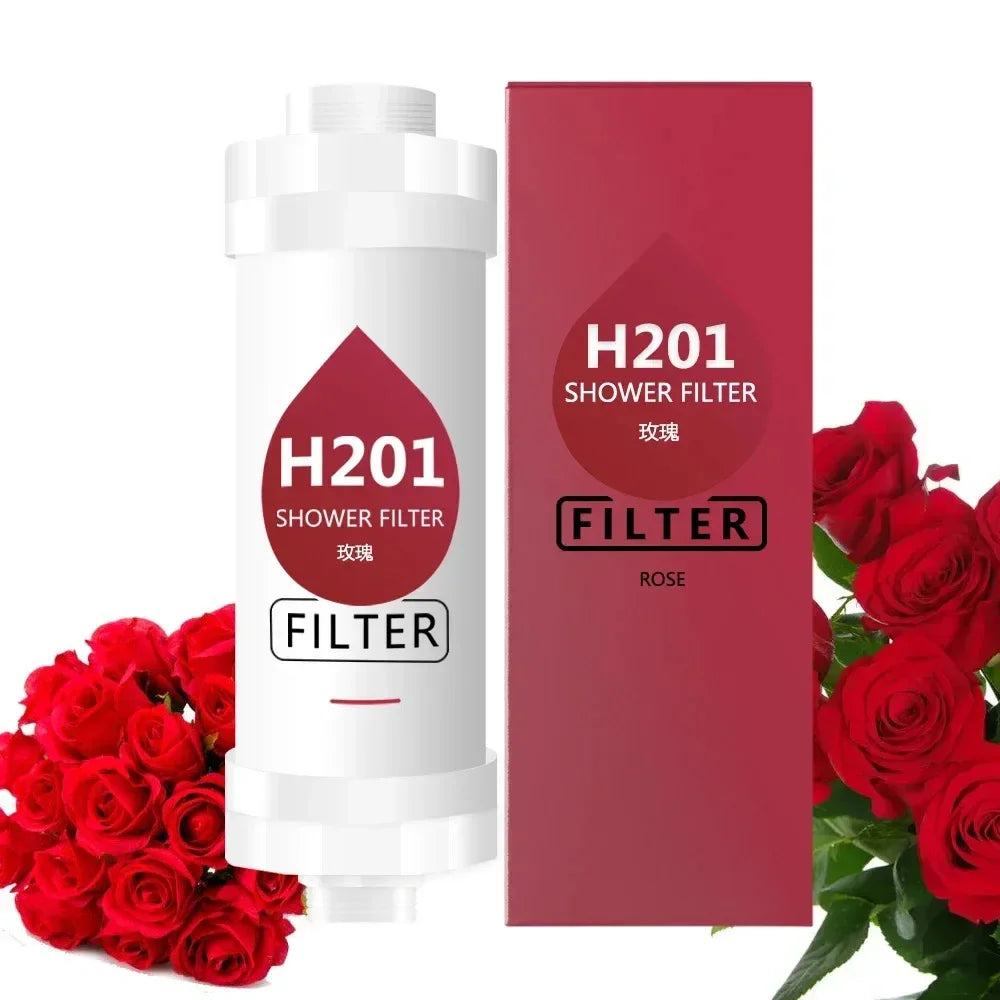 H201 shower filter with packaging and red roses on a white background