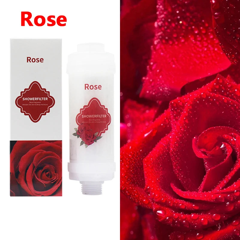 Rose-themed shower filter packaging with a close-up of a red rose.