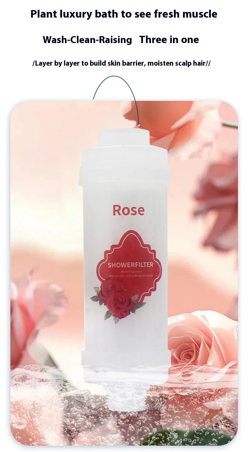 Rose vitamin C shower filter on a pink floral background for skincare and aromatherapy