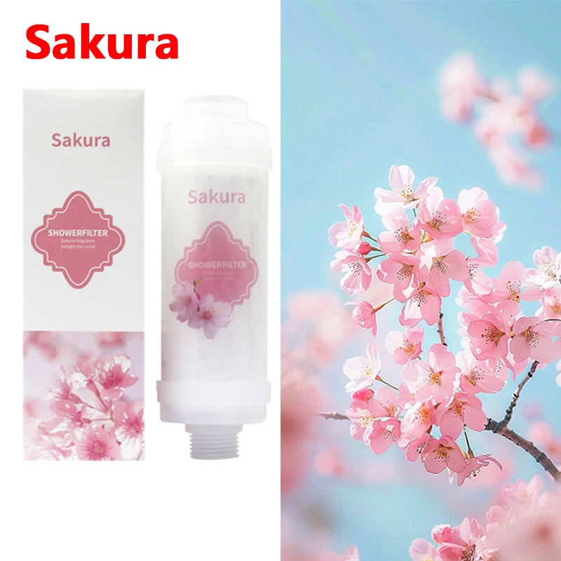 Sakura shower filter packaging with cherry blossom design on a background of cherry blossoms.