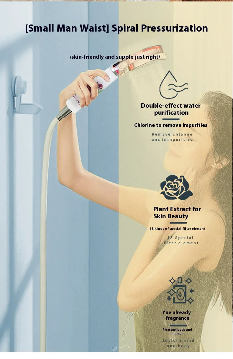 Product packaging with a person holding a shower head against a striped background