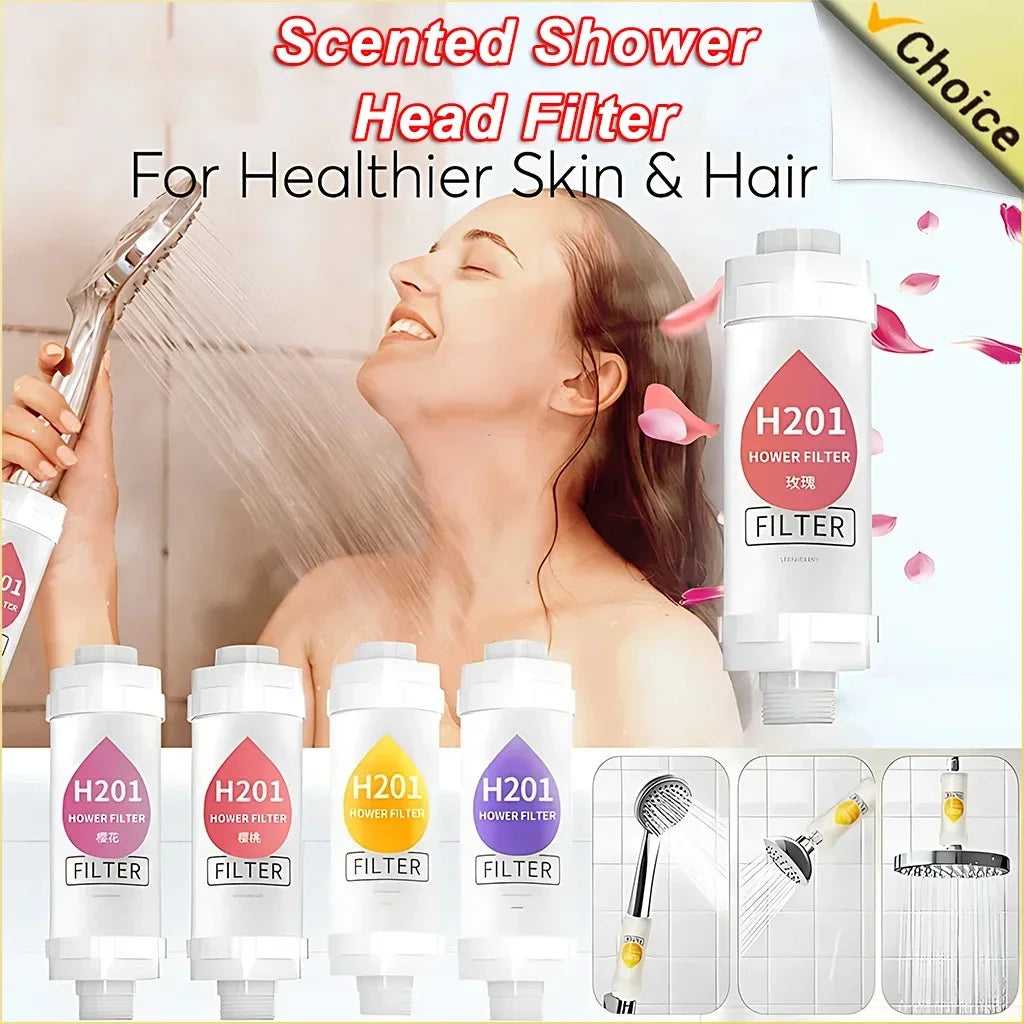 “Woman showering with a Vitamin C shower filter and multiple fragrance filter options displayed below.”