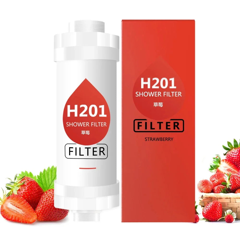 H201 shower filter with strawberry flavor packaging and strawberries in the background