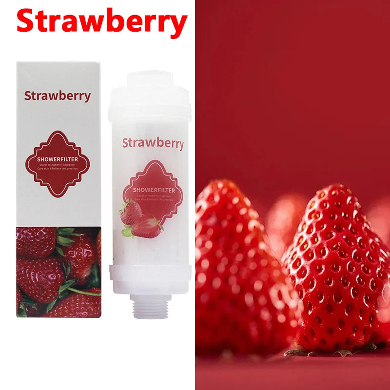 Strawberry-themed shower filter packaging with strawberries on a red background