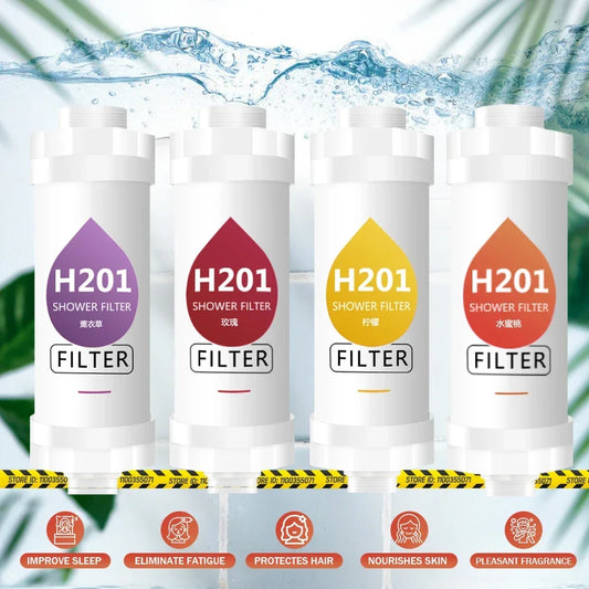 Four H201 shower filter bottles with colorful labels against a water and leaf background.